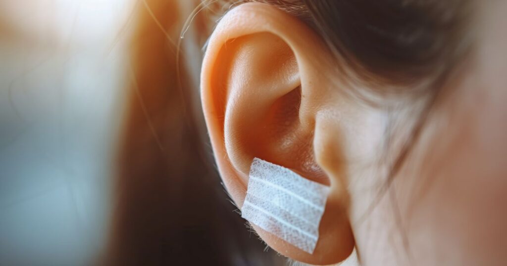 Earlobe repair result showing a clean bandage after the minor surgery at 1aesthetics in Hoboken, NJ.