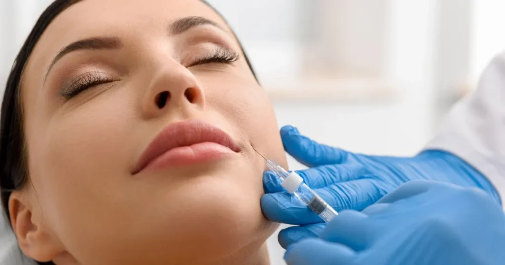 Aesthetic injection with Sculptra being administered near a woman's jawline in Hoboken, NJ